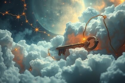 Chiave magica tra le nuvole che simboleggia i sogni e le relazioni di coppia.