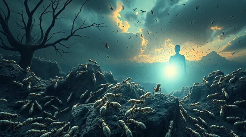 Un'immagine surreale di formiche in un paesaggio oscuro, simbolo di lavoro e ostacoli.