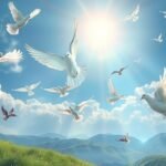Colombi in volo sotto un cielo sereno, simboli di pace e libertà.
