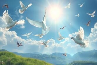 Colombi in volo sotto un cielo sereno, simboli di pace e libertà.