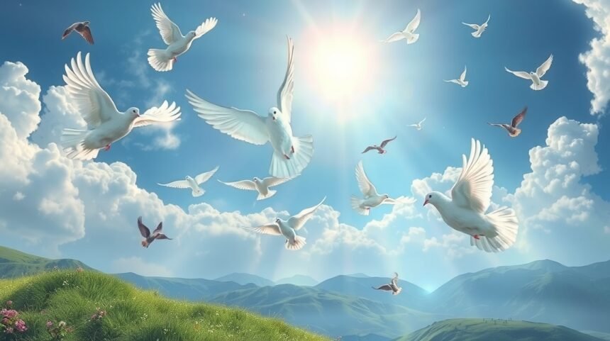 Colombi in volo sotto un cielo sereno, simboli di pace e libertà.
