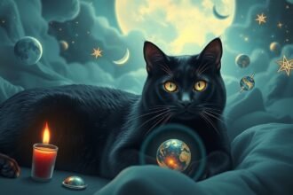 Gatto nero misterioso con simboli celesti e candele