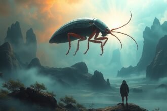 Immagine di una scena onirica con un grande scarafaggio e una figura umana.