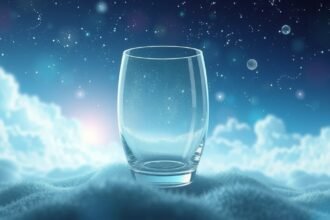 Bicchiere di vetro trasparente su sfondo onirico e stellato