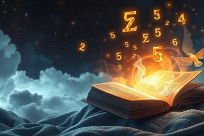 Libro aperto con numeri fortunati che fluttuano nel cielo notturno.