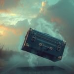 Valigia sospesa in un paesaggio inquietante, simbolo di ansia e stress.