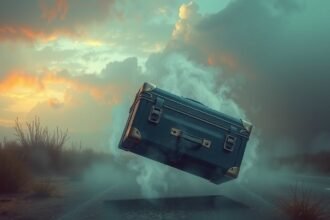 Valigia sospesa in un paesaggio inquietante, simbolo di ansia e stress.