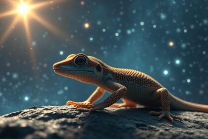 Geco su una roccia con sfondo stellato, simbolo di trasformazione.