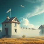 Castello con mura nel paesaggio, rappresenta protezione e solidità