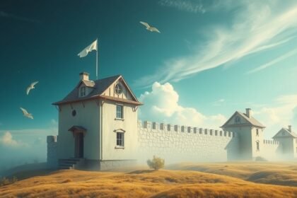 Castello con mura nel paesaggio, rappresenta protezione e solidità