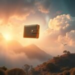 Portafoglio fluttuante nel cielo durante un tramonto sereno.