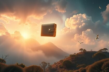 Portafoglio fluttuante nel cielo durante un tramonto sereno.