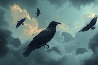 Corvi neri volano tra nuvole oscure, simbolo di saggezza onirica.