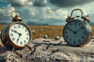 Due sveglie circondate da formiche che simboleggiano lo stress quotidiano.