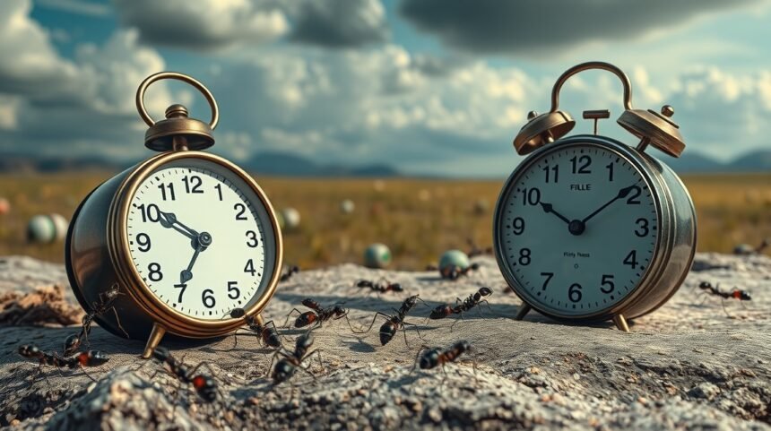 Due sveglie circondate da formiche che simboleggiano lo stress quotidiano.