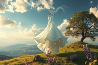 Abito da sposa appeso su un gancio in un paesaggio incantevole