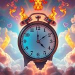 Orologio che segna le 16:16 con fiamme e nuvole