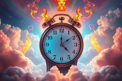 Orologio che segna le 16:16 con fiamme e nuvole