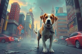 Cane in una città sconosciuta, simbolo di smarrimento e guida nei sogni.