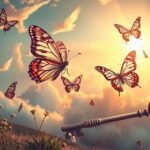 Farfalle che volano con una chiave simbolica in un cielo sereno