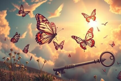 Farfalle che volano con una chiave simbolica in un cielo sereno
