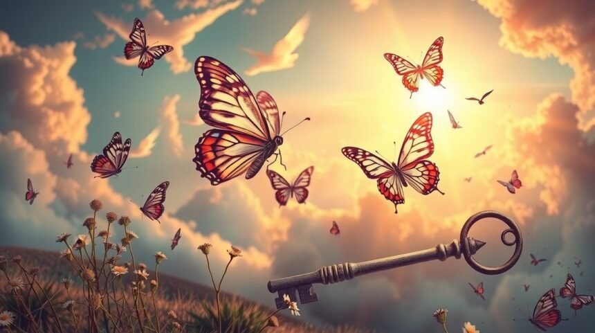 Farfalle che volano con una chiave simbolica in un cielo sereno