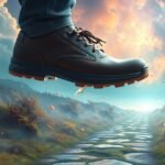 Scarpe in volo su un sentiero tra natura e sogni.