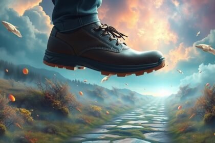 Scarpe in volo su un sentiero tra natura e sogni.