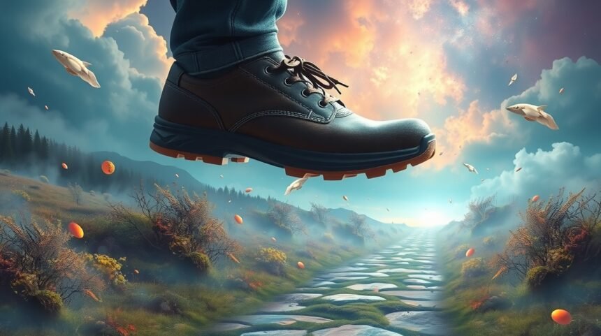 Scarpe in volo su un sentiero tra natura e sogni.