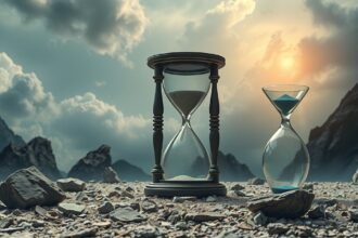 Due clessidre su un paesaggio roccioso, simbolo di cambiamenti e introspezione.