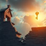 Muro di casa crollato con chiave sospesa nel cielo al tramonto