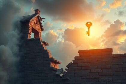 Muro di casa crollato con chiave sospesa nel cielo al tramonto