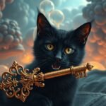 Gatto nero con chiave dorata, simbolo di mistero e intuizione.