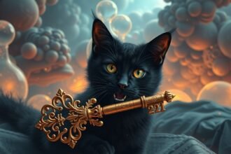 Gatto nero con chiave dorata, simbolo di mistero e intuizione.