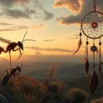 Formiche e un sogno catturato da un dreamcatcher al tramonto