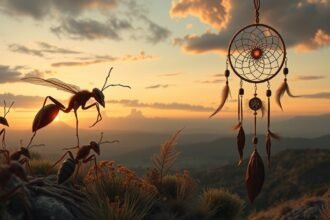 Formiche e un sogno catturato da un dreamcatcher al tramonto