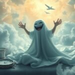 Fantasma sorridente in un cielo nuvoloso, simbolo di serenità.