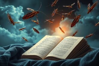 Scarafaggi volanti emergono da un libro in un sogno inquietante.