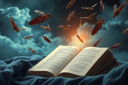 Scarafaggi volanti emergono da un libro in un sogno inquietante.
