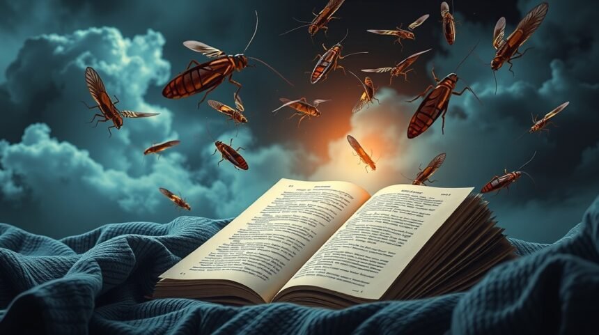 Scarafaggi volanti emergono da un libro in un sogno inquietante.
