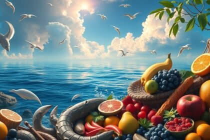 Composizione di frutti di mare e frutta su sfondo marino.