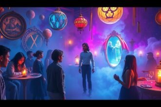 Festa vibrante con sconosciuti in un ambiente magico e colorato.