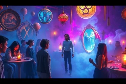 Festa vibrante con sconosciuti in un ambiente magico e colorato.