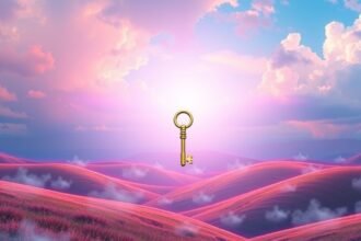 Chiave dorata in un paesaggio sereno con nuvole e colline rosa.