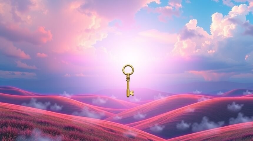 Chiave dorata in un paesaggio sereno con nuvole e colline rosa.