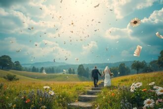 Sposi che camminano verso un futuro luminoso, circondati da confetti.