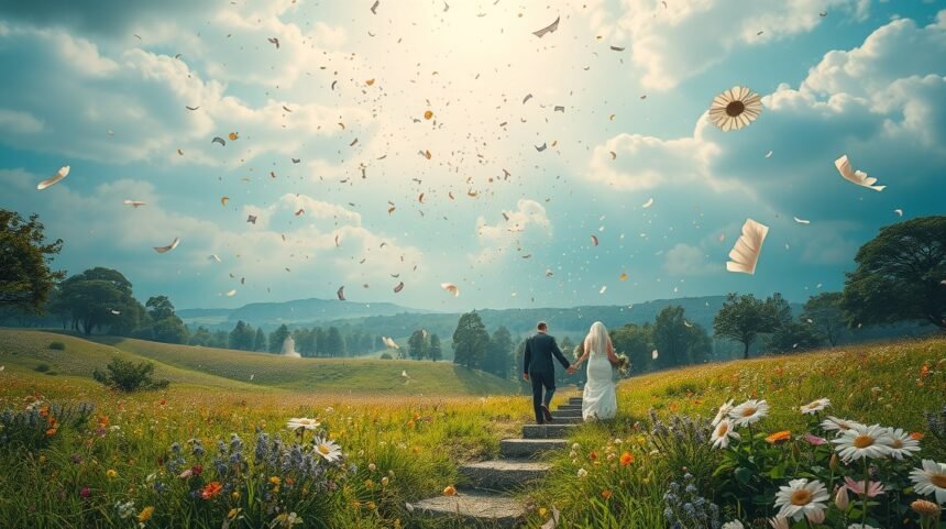 Sposi che camminano verso un futuro luminoso, circondati da confetti.