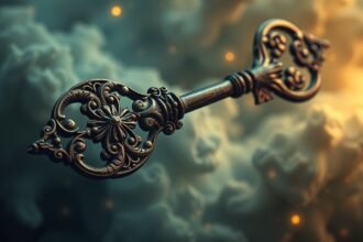 Chiave ornamentale su sfondo astratto e nebbioso