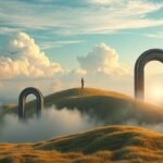 Due chiavi monumentali in un paesaggio onirico con nuvole