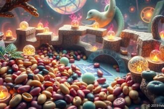 Fave colorate in un ambiente magico con elementi simbolici